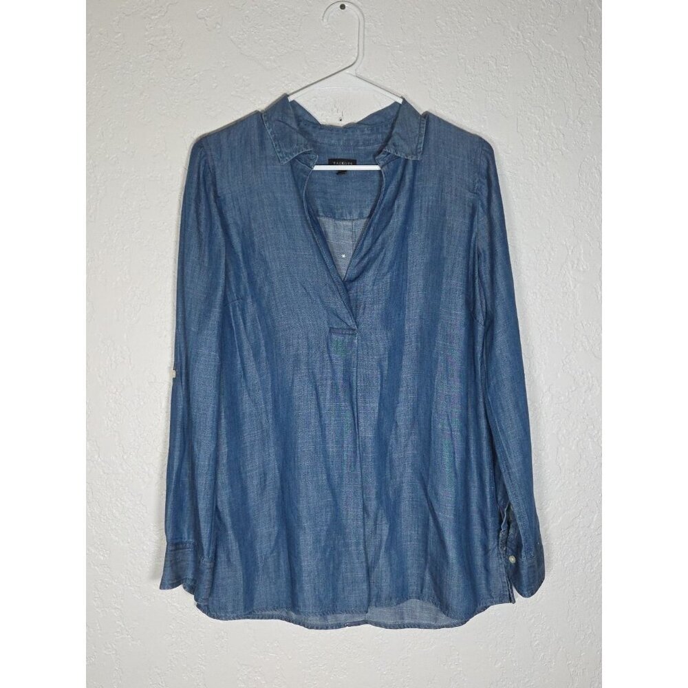 Talbots Denim Tunic Shirt Small Cotton Button Back V-Neck Long Sleeve